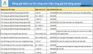 Bảng giá Dịch vụ thi công sơn hiệu ứng giả bê tông puma